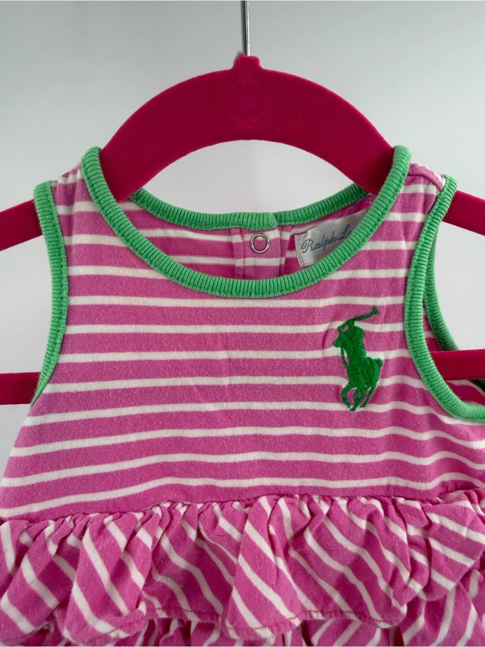 Vintage Ralph Lauren pink White striped ruffles romper onesie 3 months